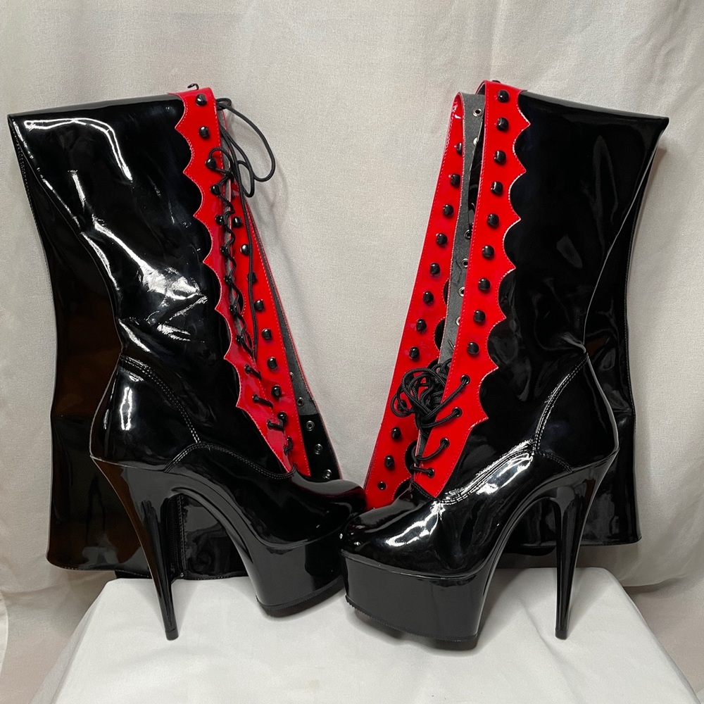 SOLD DEADSTOCK Pleaser Delight-3026 Red and Black Patent Leather Boots Size 9